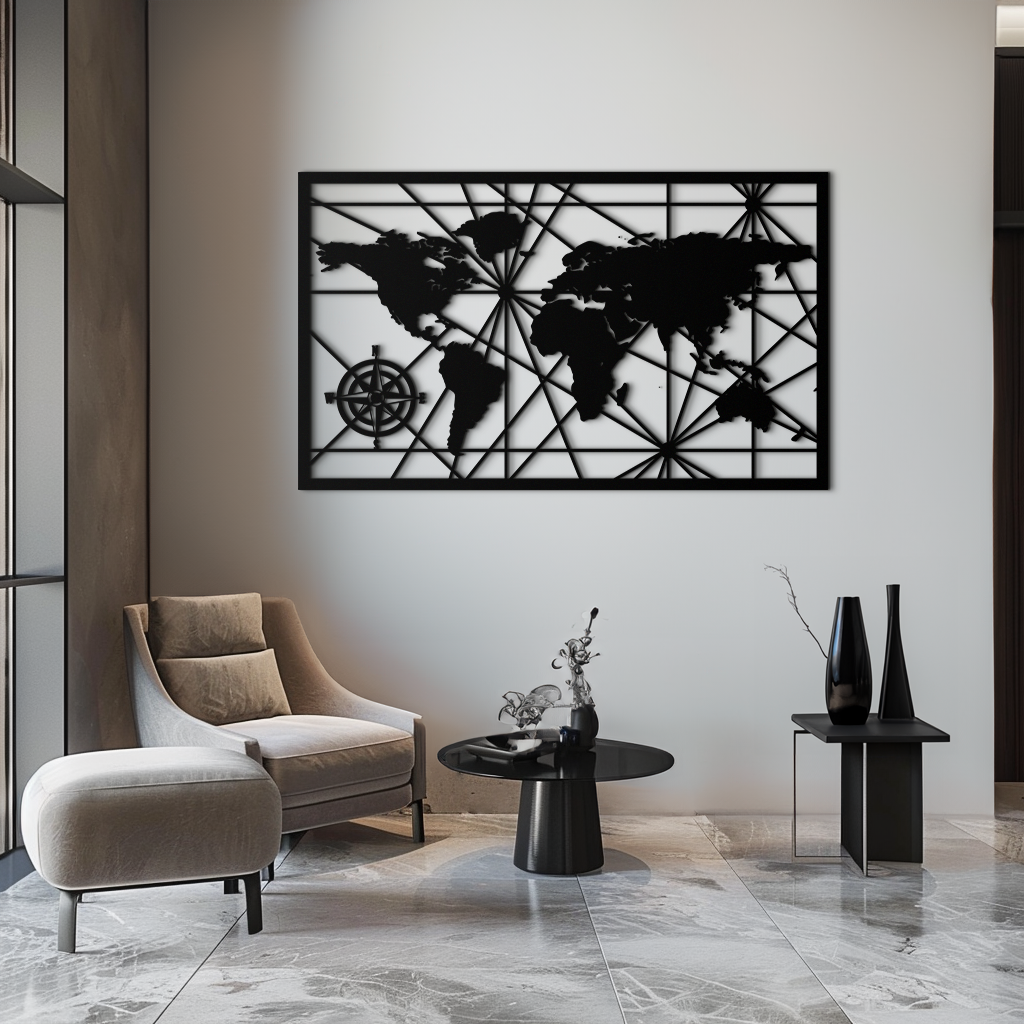 Geometrik Dünya Haritası Metal Duvar Sanatı - Modern Minimalist Çelik Duvar Dekoru - KAF098