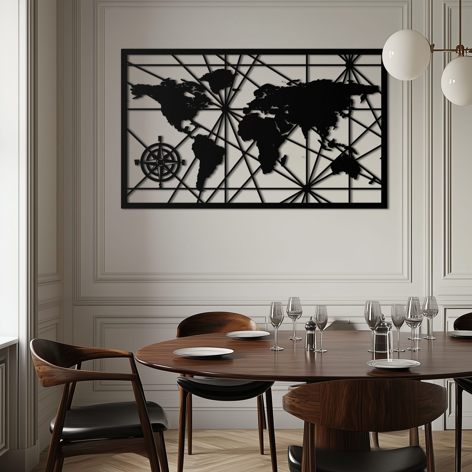 Geometrik Dünya Haritası Metal Duvar Sanatı - Modern Minimalist Çelik Duvar Dekoru - KAF098