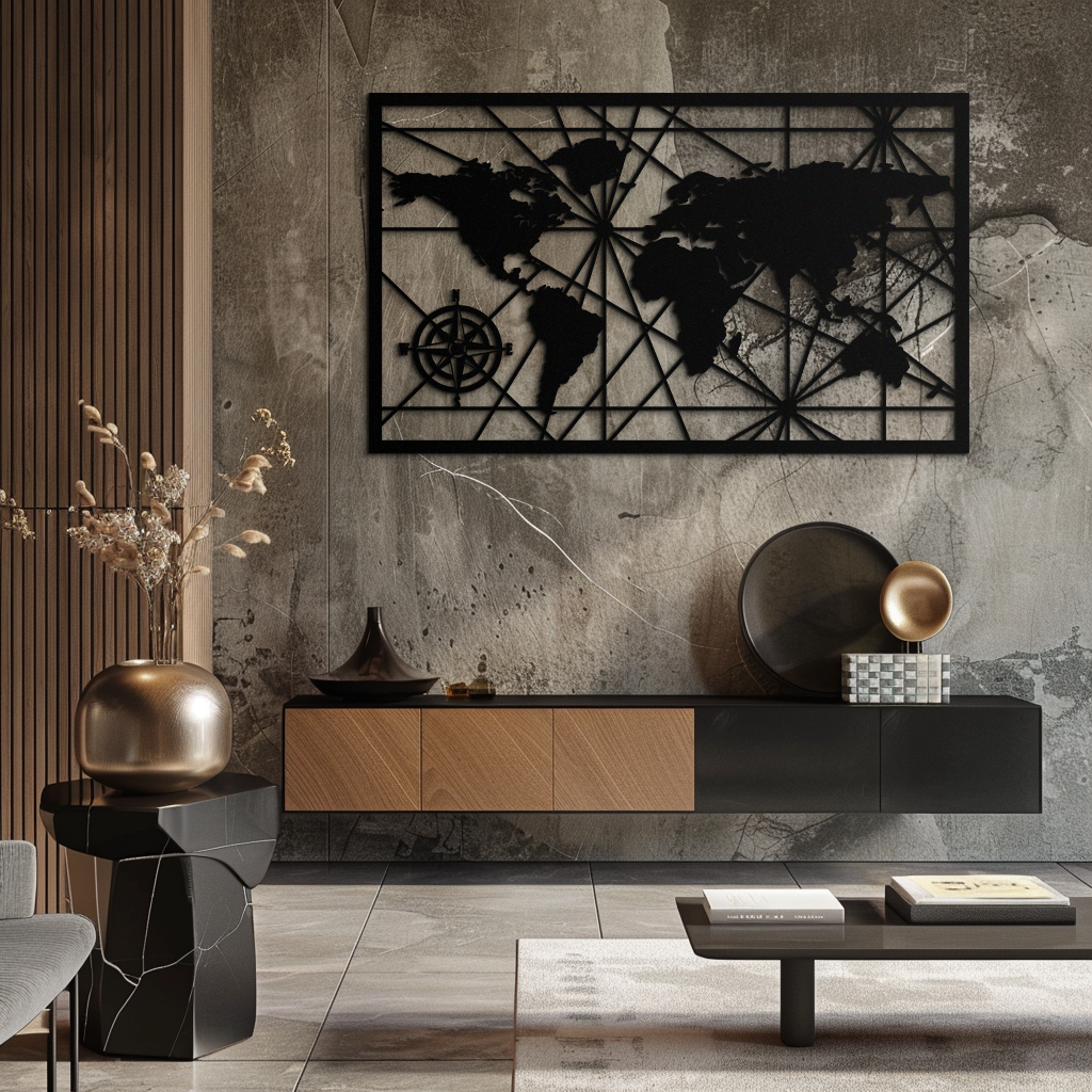 Geometrik Dünya Haritası Metal Duvar Sanatı - Modern Minimalist Çelik Duvar Dekoru - KAF098