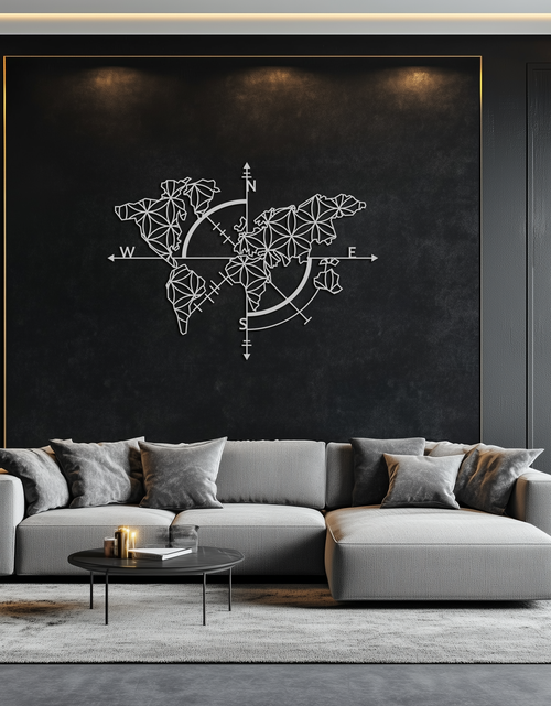 Load image into Gallery viewer, Geometric World Map Metal Wall Art - Modern Compass Wall Decor - KAF099
