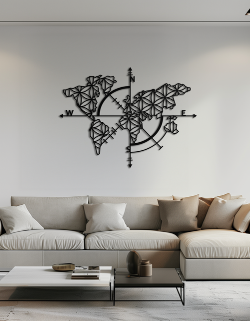 Load image into Gallery viewer, Geometric World Map Metal Wall Art - Modern Compass Wall Decor - KAF099

