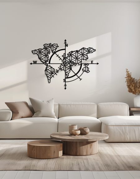 Geometric World Map Metal Wall Art - Modern Compass Wall Decor - KAF099