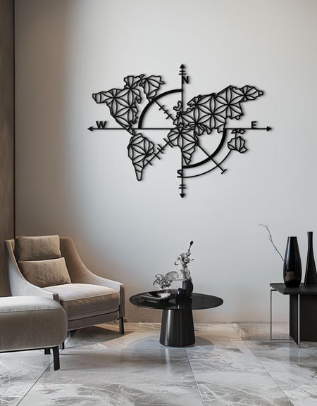 Geometric World Map Metal Wall Art - Modern Compass Wall Decor - KAF099