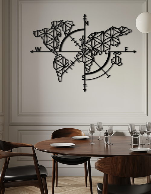 Load image into Gallery viewer, Geometric World Map Metal Wall Art - Modern Compass Wall Decor - KAF099
