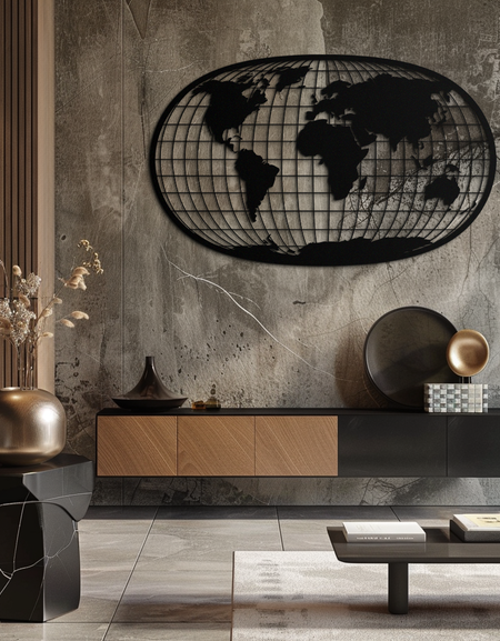Dünya Haritası Metal Duvar Sanatı - Küre Projeksiyon Çelik Duvar Dekoru - KAF103