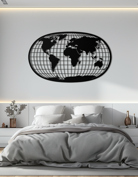 Dünya Haritası Metal Duvar Sanatı - Küre Projeksiyon Çelik Duvar Dekoru - KAF103