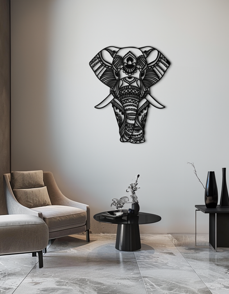 Mandala Fil Metal Duvar Sanatı - Karmaşık Fil Başı Dekoru - KAF105