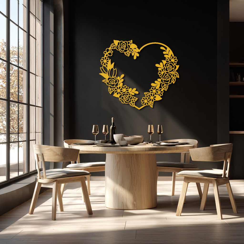 Floral Heart Metal Wall Art - Elegant Steel Rose Wreath - KAF107