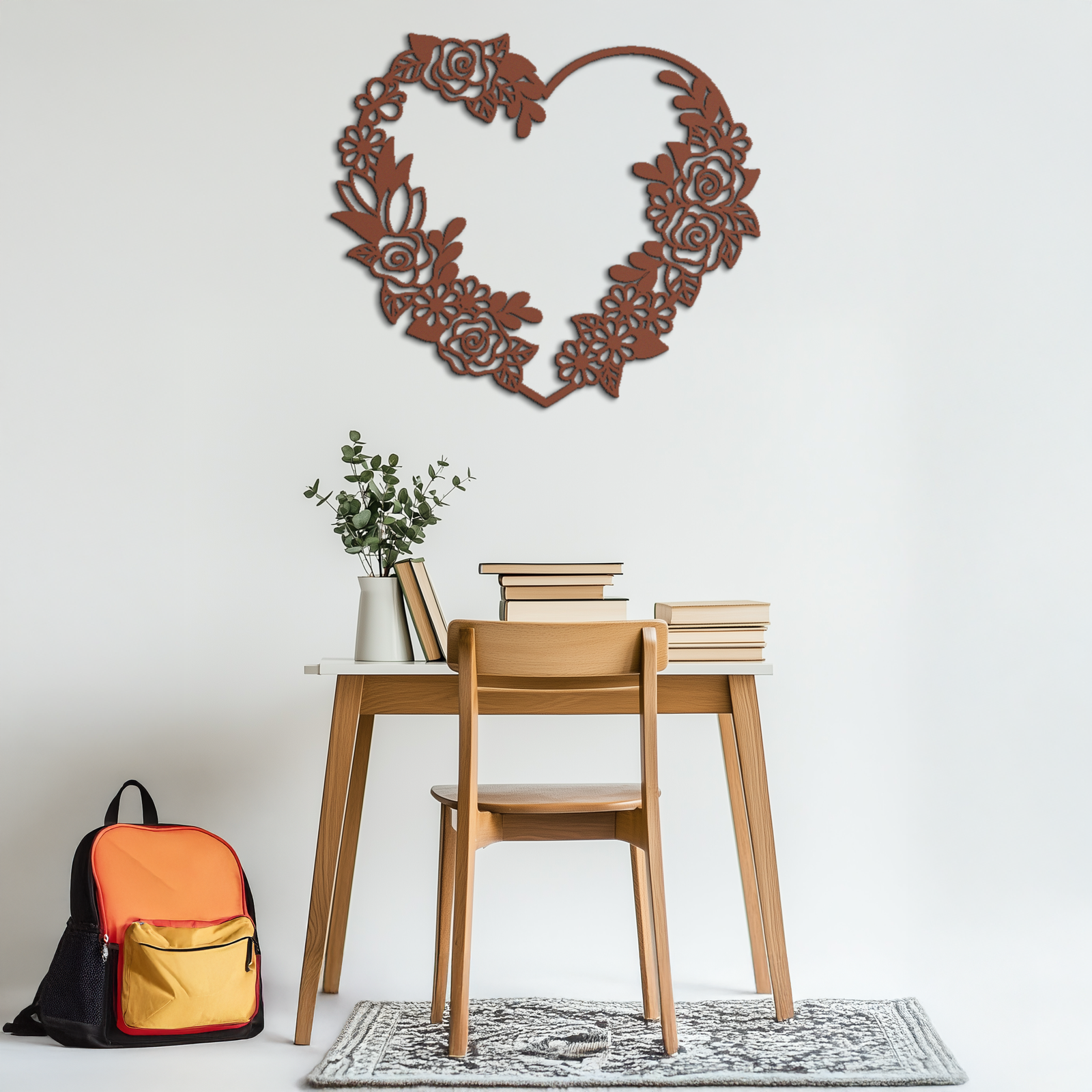 Floral Heart Metal Wall Art - Elegant Steel Rose Wreath - KAF107