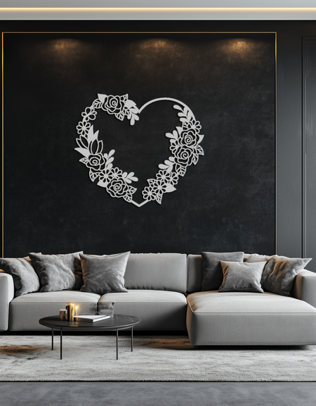 Floral Heart Metal Wall Art - Elegant Steel Rose Wreath - KAF107