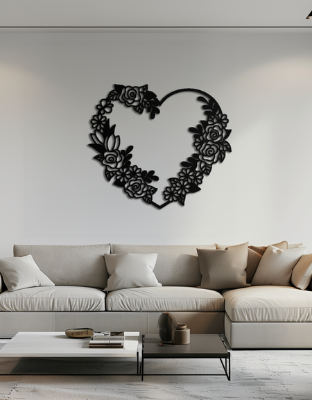 Floral Heart Metal Wall Art - Elegant Steel Rose Wreath - KAF107