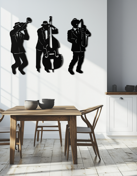 Caz Müzisyenleri Metal Duvar Sanatı - 3 Parçalı Siluet Müzik Dekoru - KAF111