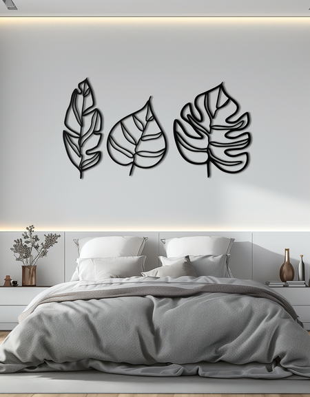 Geometric Leaf Trio Metal Wall Art - Modern Botanical Steel Decor - KAF114