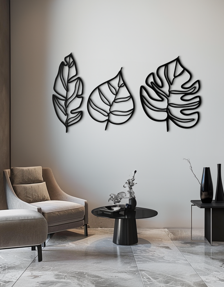 Geometric Leaf Trio Metal Wall Art - Modern Botanical Steel Decor - KAF114