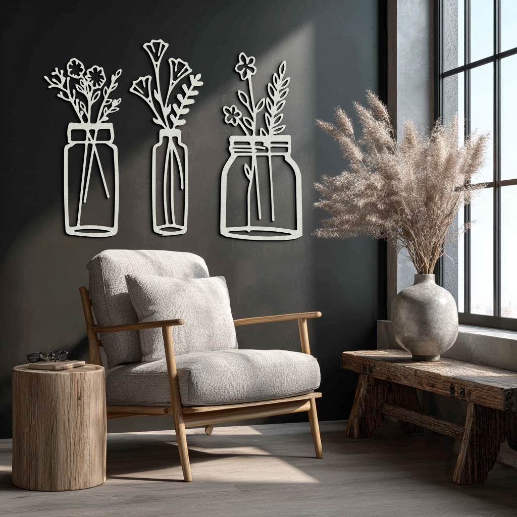 Floral Vase Metal Wall Art - 3-Piece Modern Steel Wall Decor - KAF118