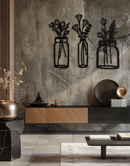 Floral Vase Metal Wall Art - 3-Piece Modern Steel Wall Decor - KAF118