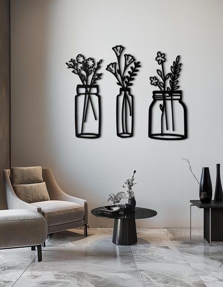 Floral Vase Metal Wall Art - 3-Piece Modern Steel Wall Decor - KAF118