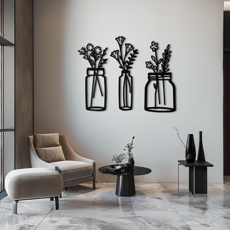 Çiçek Vazo Metal Duvar Sanatı - 3 Parçalı Modern Çelik Duvar Dekoru - KAF118