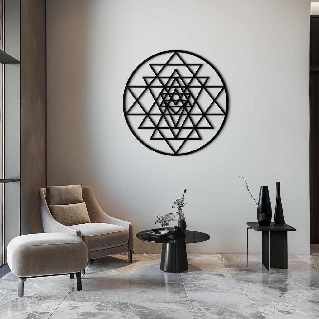 Geometrik Sri Yantra Metal Duvar Sanatı - Sacred Geometry Çelik Dekor - KAF122