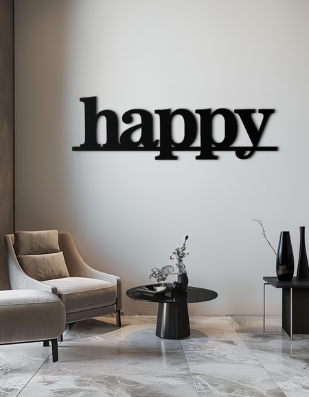 Mutlu Metal Duvar Sanatı - Modern Minimalist Kelime İşaret Dekoru - KAF127