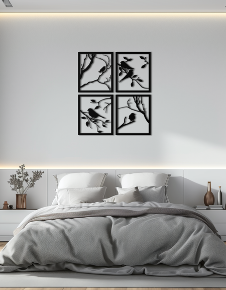 Kuş Silüeti Metal Duvar Sanatı - 4 Parçalı Modern Çelik Duvar Dekoru - KAF128