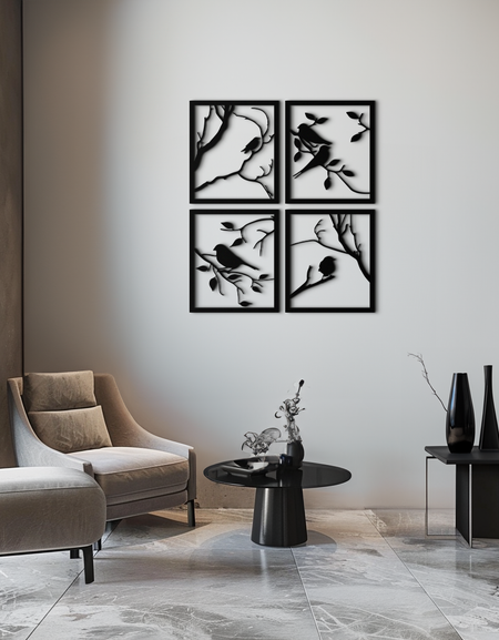 Kuş Silüeti Metal Duvar Sanatı - 4 Parçalı Modern Çelik Duvar Dekoru - KAF128