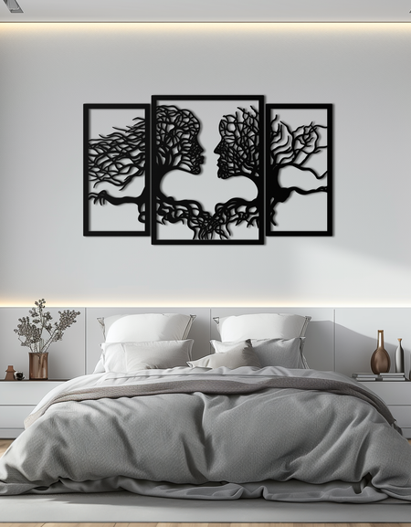 Hayat Ağacı Aşıklar Metal Duvar Sanatı - 3 Parçalı Modern Çelik Duvar Dekoru - KAF129