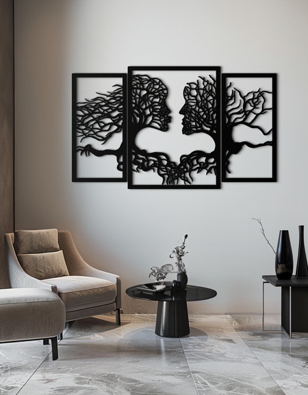 Hayat Ağacı Aşıklar Metal Duvar Sanatı - 3 Parçalı Modern Çelik Duvar Dekoru - KAF129