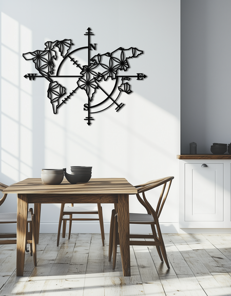 Geometric World Map Metal Wall Art - Modern Compass-Inspired Steel Decor - KAF131