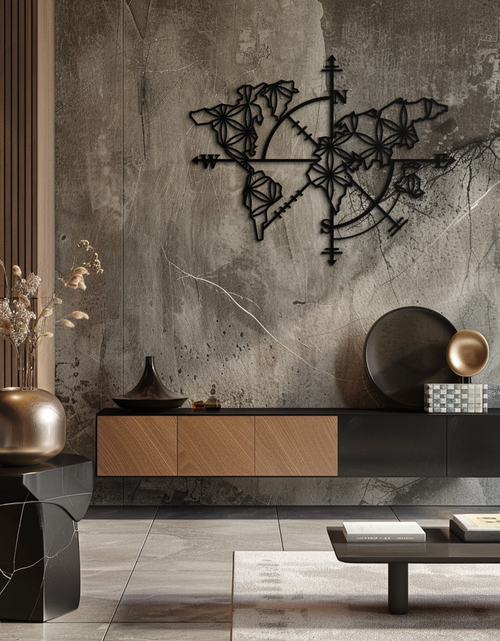 Load image into Gallery viewer, Geometric World Map Metal Wall Art - Modern Compass-Inspired Steel Decor - KAF131
