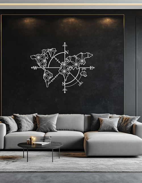 Load image into Gallery viewer, Geometric World Map Metal Wall Art - Modern Compass-Inspired Steel Decor - KAF131

