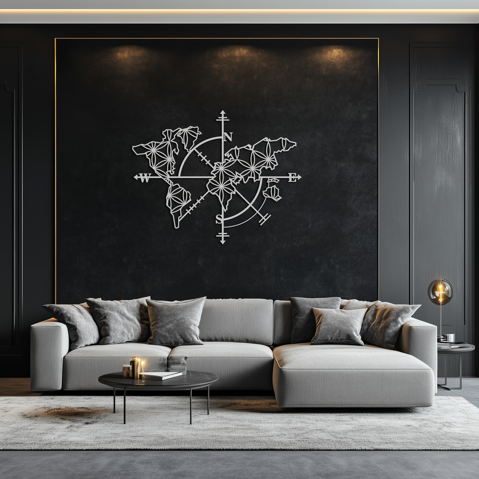 Geometric World Map Metal Wall Art - Modern Compass-Inspired Steel Decor - KAF131