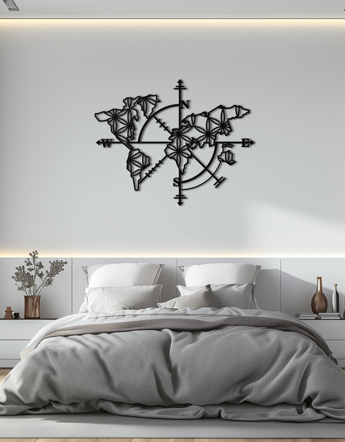 Load image into Gallery viewer, Geometric World Map Metal Wall Art - Modern Compass-Inspired Steel Decor - KAF131
