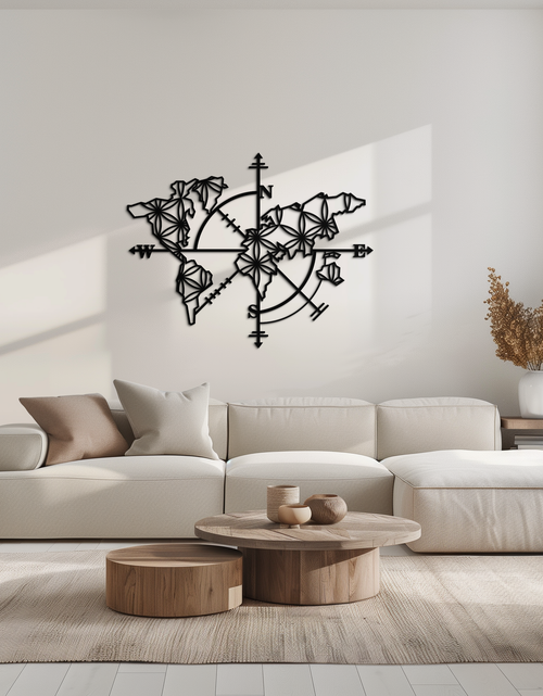 Load image into Gallery viewer, Geometric World Map Metal Wall Art - Modern Compass-Inspired Steel Decor - KAF131
