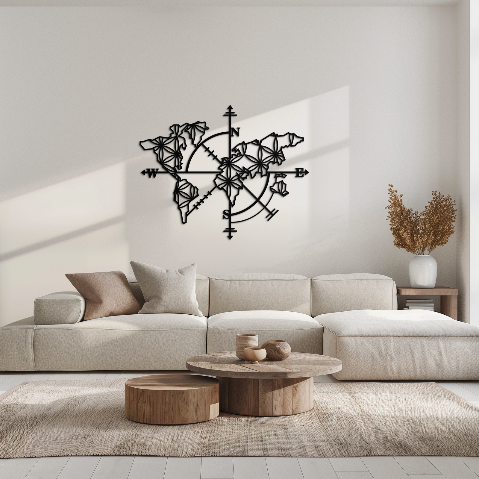 Geometric World Map Metal Wall Art - Modern Compass-Inspired Steel Decor - KAF131