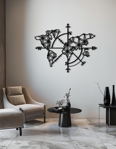 Geometric World Map Metal Wall Art - Modern Compass-Inspired Steel Decor - KAF131