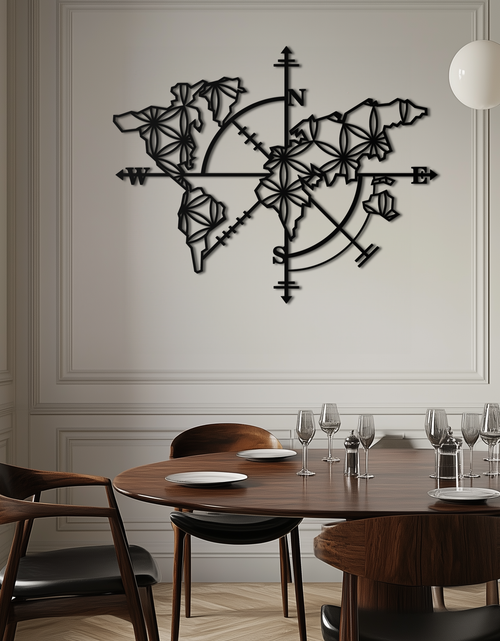 Load image into Gallery viewer, Geometric World Map Metal Wall Art - Modern Compass-Inspired Steel Decor - KAF131
