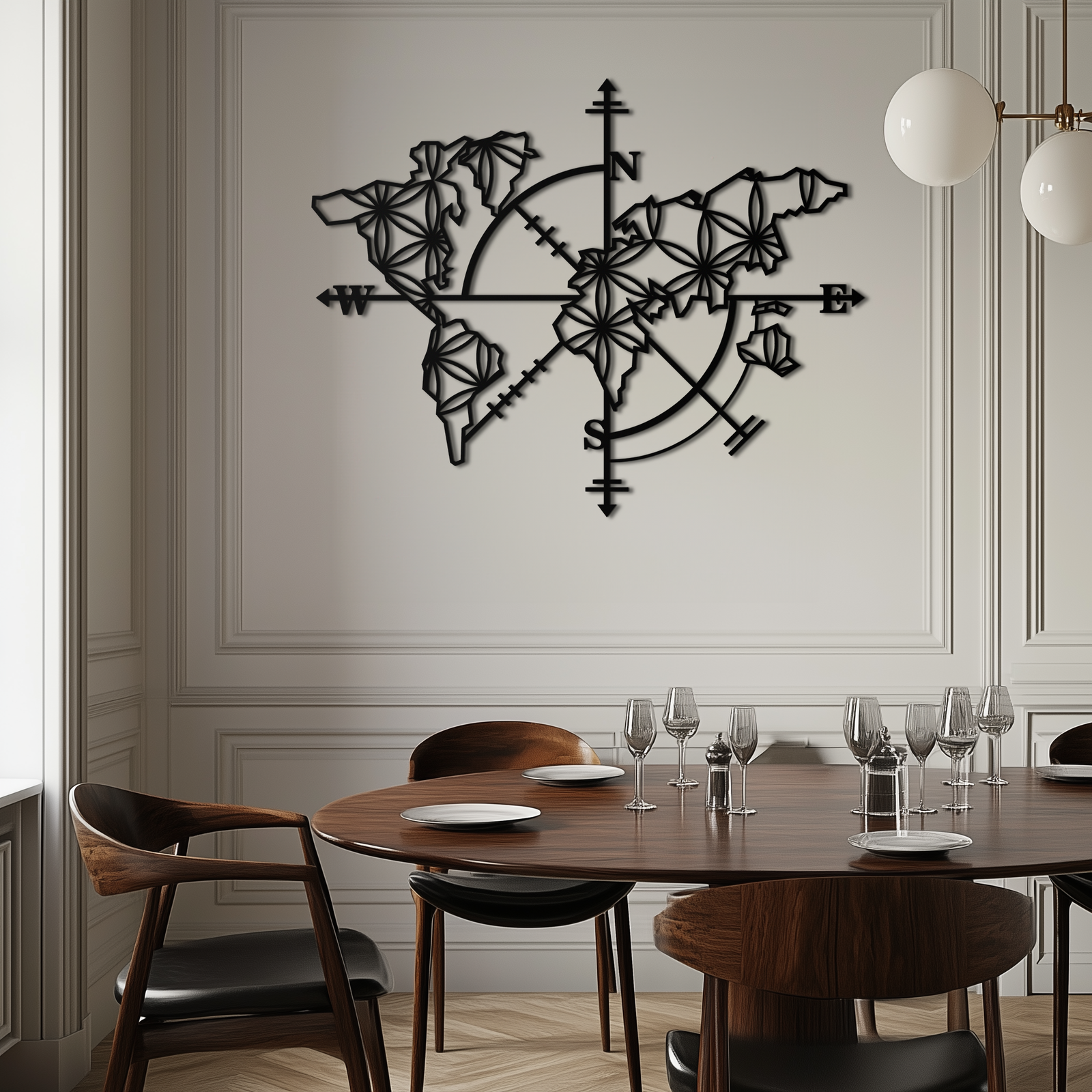 Geometric World Map Metal Wall Art - Modern Compass-Inspired Steel Decor - KAF131