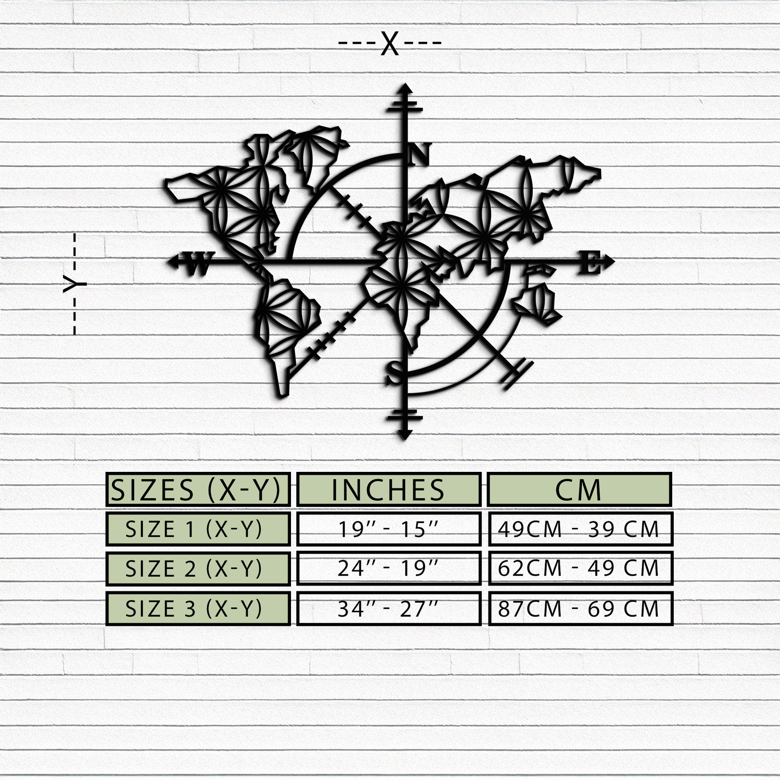 Geometric World Map Metal Wall Art - Modern Compass-Inspired Steel Decor - KAF131
