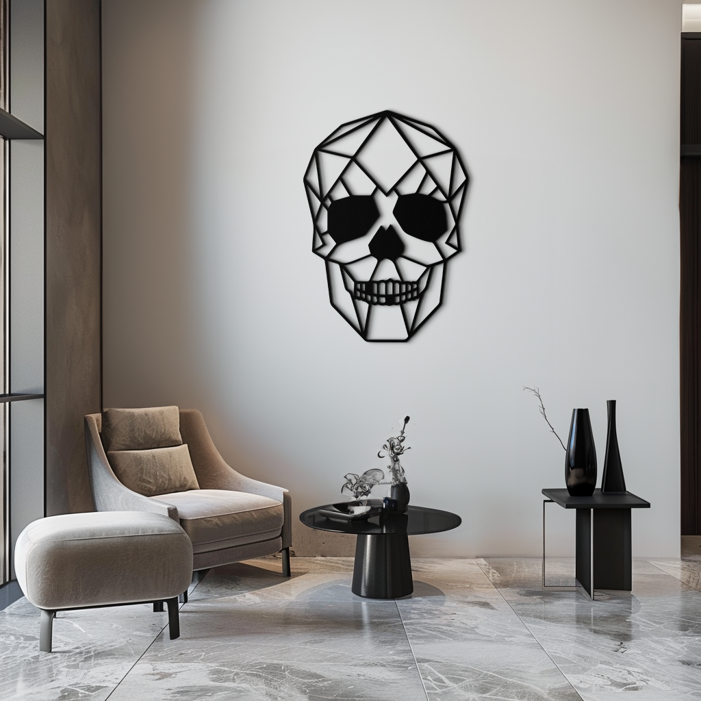 Geometrik Kafatası Metal Duvar Sanatı - Modern Kafatası Esintili Çelik Dekor - KAF134