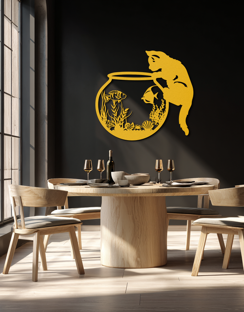 Load image into Gallery viewer, Curious Cat and Fishbowl Metal Wall Art - Playful Geometric Steel Decor - KAF135
