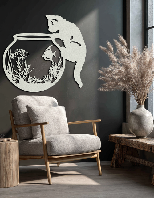 Load image into Gallery viewer, Curious Cat and Fishbowl Metal Wall Art - Playful Geometric Steel Decor - KAF135
