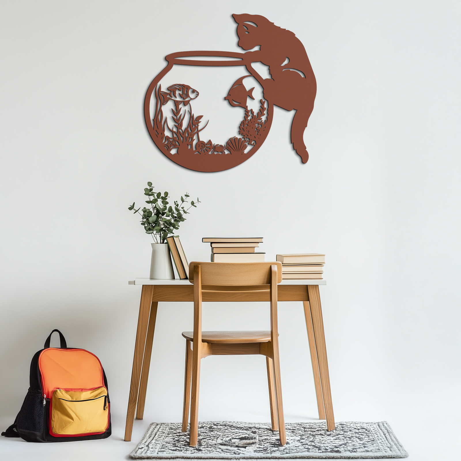 Curious Cat and Fishbowl Metal Wall Art - Playful Geometric Steel Decor - KAF135