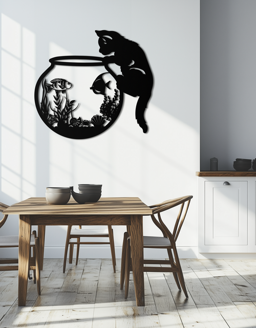 Load image into Gallery viewer, Curious Cat and Fishbowl Metal Wall Art - Playful Geometric Steel Decor - KAF135
