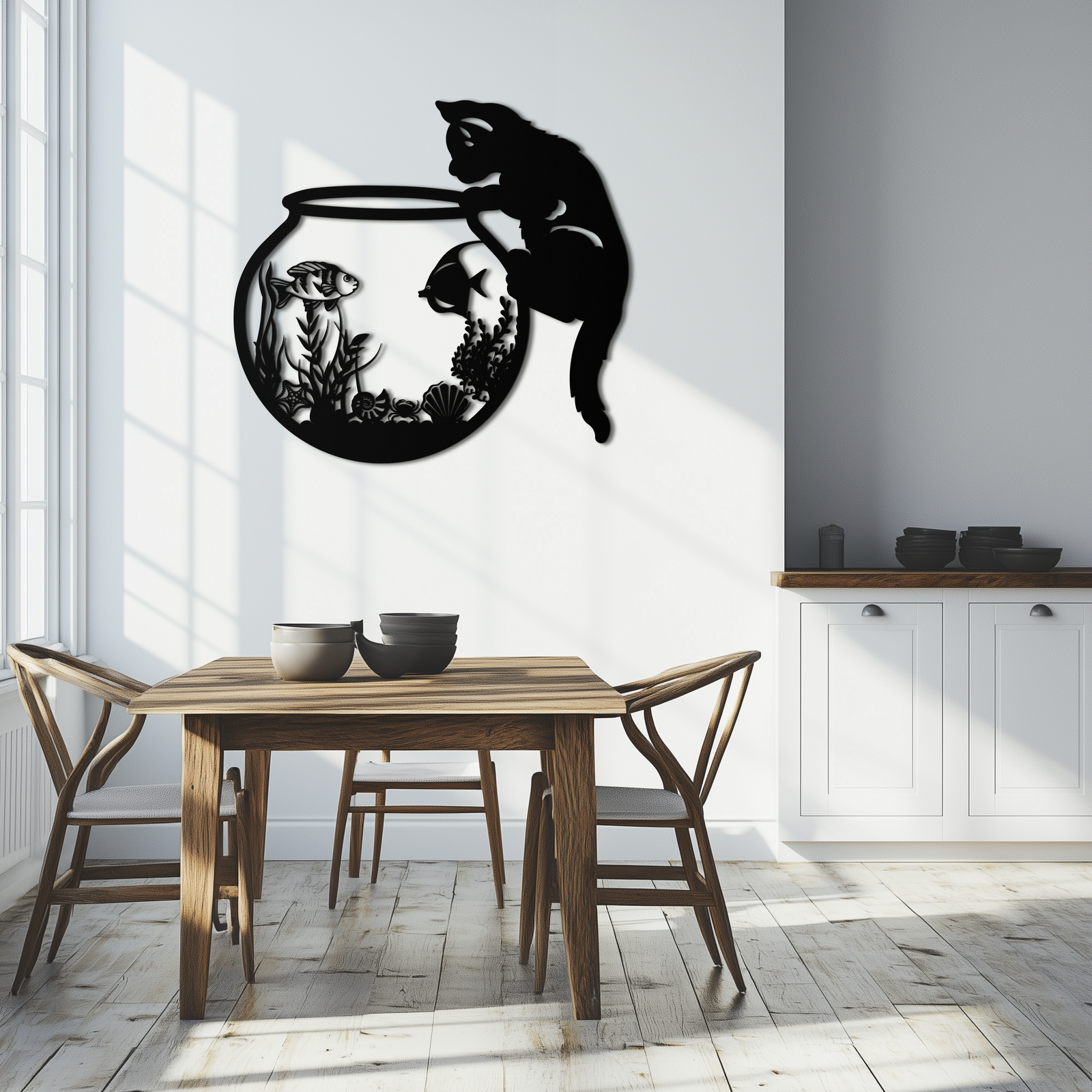 Curious Cat and Fishbowl Metal Wall Art - Playful Geometric Steel Decor - KAF135