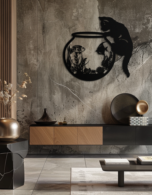 Load image into Gallery viewer, Curious Cat and Fishbowl Metal Wall Art - Playful Geometric Steel Decor - KAF135
