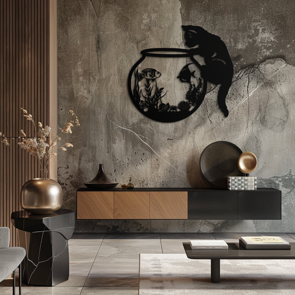 Curious Cat and Fishbowl Metal Wall Art - Playful Geometric Steel Decor - KAF135