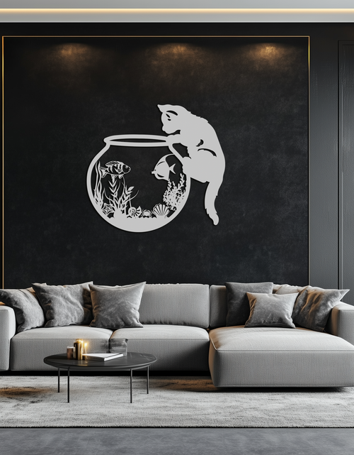 Load image into Gallery viewer, Curious Cat and Fishbowl Metal Wall Art - Playful Geometric Steel Decor - KAF135
