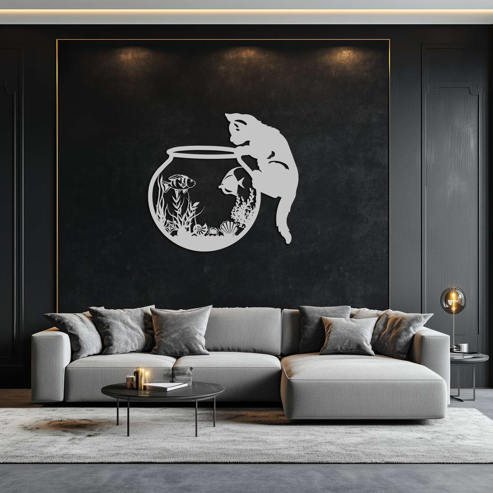 Curious Cat and Fishbowl Metal Wall Art - Playful Geometric Steel Decor - KAF135