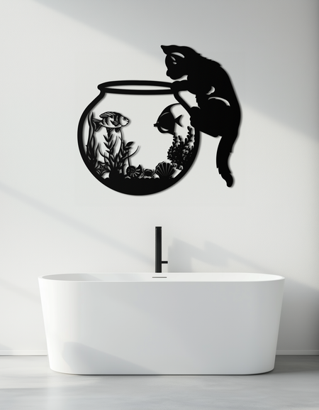 Meraklı Kedi ve Balık Havuzu Metal Duvar Sanatı - Eğlenceli Geometrik Çelik Dekor - KAF135